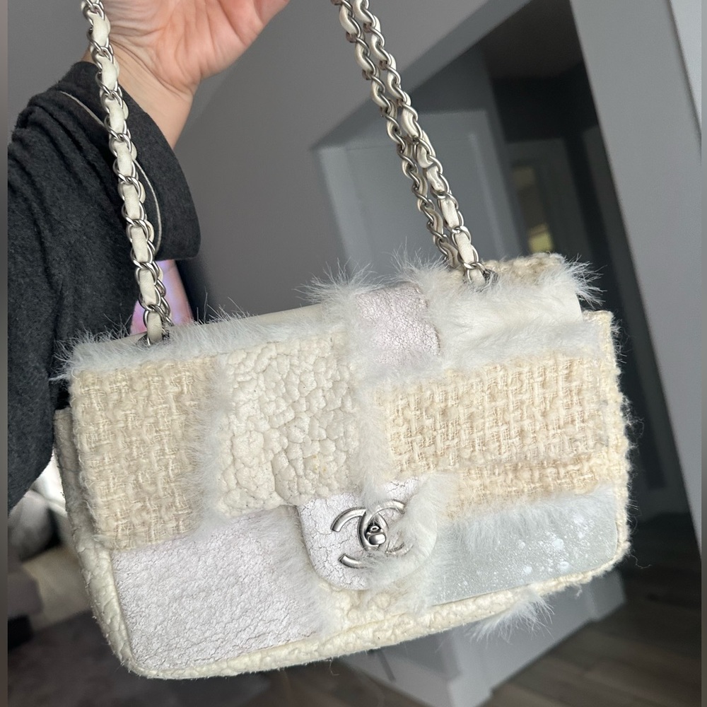 Chanel Classic Flap Cream Bag in Multimedia Patchwork With Faux Fur Accents